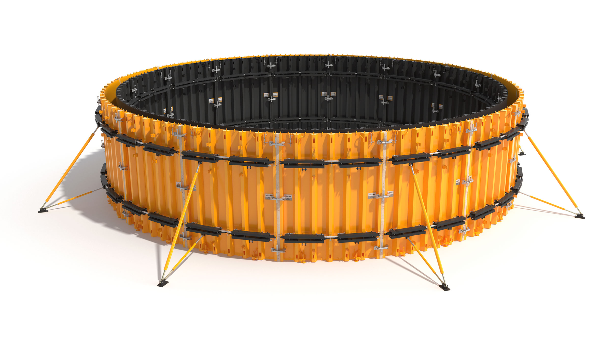 System deskowań do realizacji ścian zakrzywionych w planie. Poszycie szalunku wykonano ze stali, co pozwala na realizację promieni z zakresu od 2,2 m oraz przedłuża żywotność elementów. System deskowań do realizacji ścian zakrzywionych w planie. Poszycie szalunku wykonano ze stali, co pozwala na realizację promieni z zakresu od 2,2 m oraz przedłuża żywotność elementów.