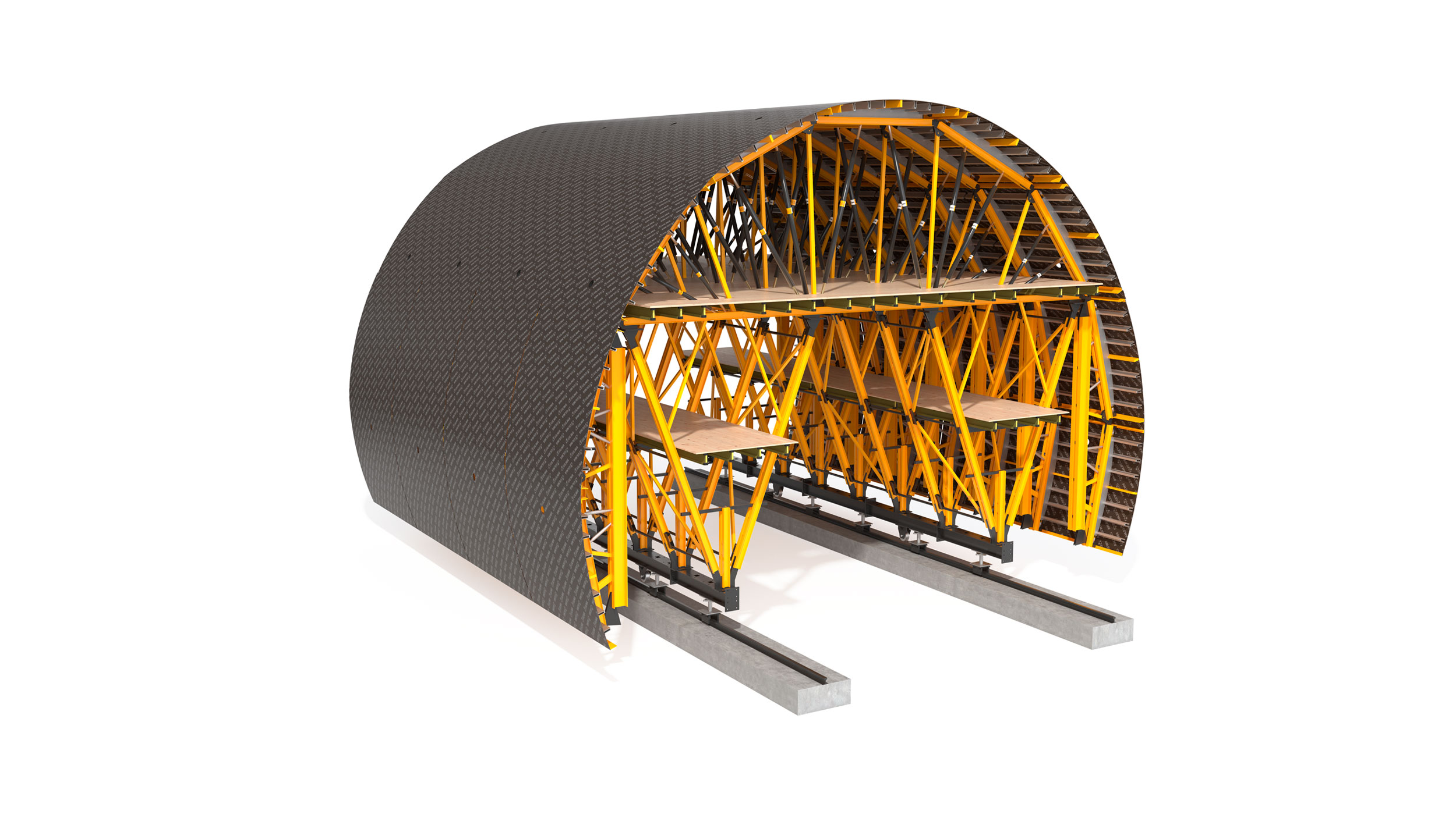 Uniwersalny wózek przejezdny na bazie systemu MK do realizacji tuneli o długości do 1 km. Rozwiązanie dostępne na wynajem.