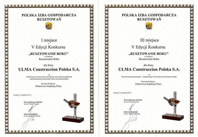 Dwie statuetki w konkursie „Rusztowanie Roku 2015” dla ULMA Construccion Polska S.A.